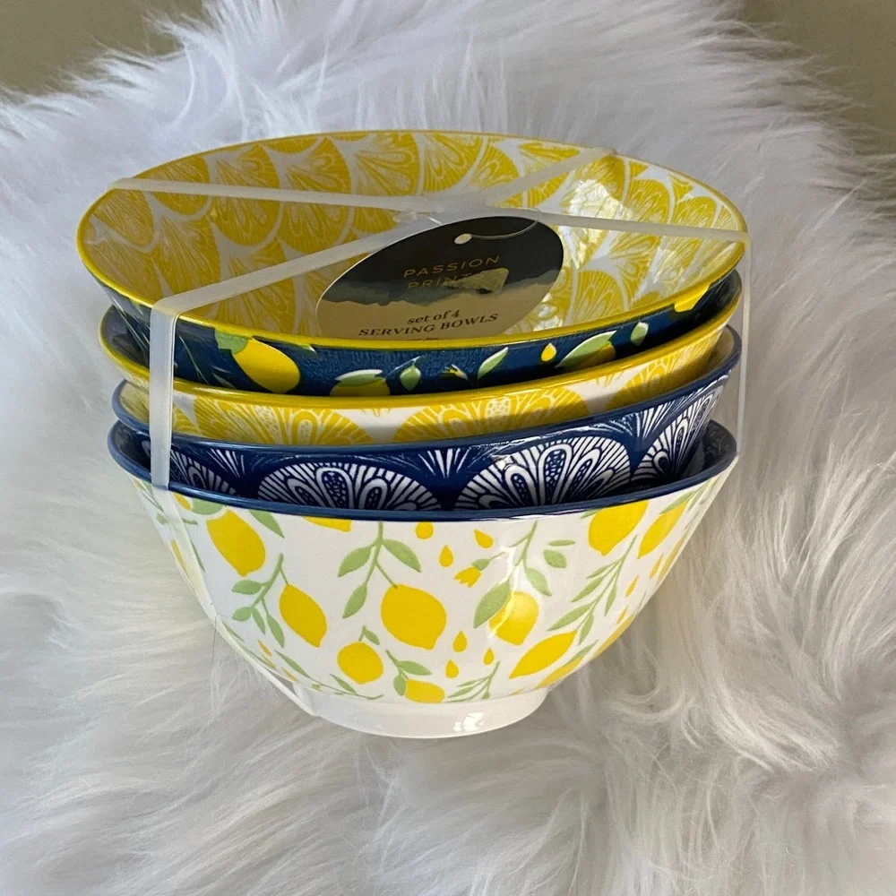 Lemon Pattern Ceramic Serving Bowls - Yellow & Blue (Set of 4) New